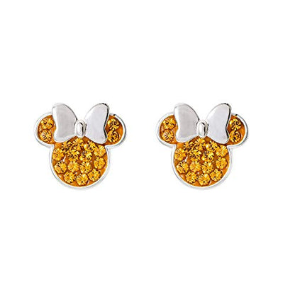 Disney Minnie Mouse Jewelry, Sterling Silver Pave Birthstone Crystal | Stud Earrings - color: November-Topaz Citrine Crystal
