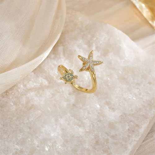 Dainty CZ Starfish Sea Turtle Open Adjustable Fidget Rings for Women Cute Crystal Sea Star Anxiety Spinner Statement Finger Band Rotating Animal Ring Comfort Fit Fashion Jewelry