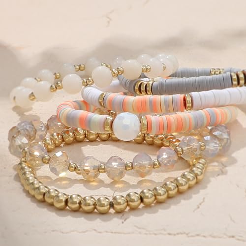 Boho Beaded Stretch Bracelets For Women Stackable Crystal Gold Plated Beaded Bracelets Set Trendy Handmade Friendship Braeclet Jewelry Gifts - color: F-XGrey 6pcs