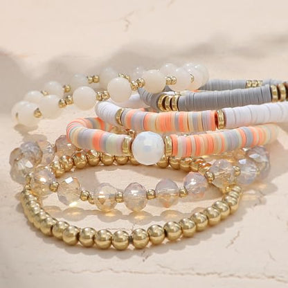 Boho Beaded Stretch Bracelets For Women Stackable Crystal Gold Plated Beaded Bracelets Set Trendy Handmade Friendship Braeclet Jewelry Gifts - color: F-XGrey 6pcs