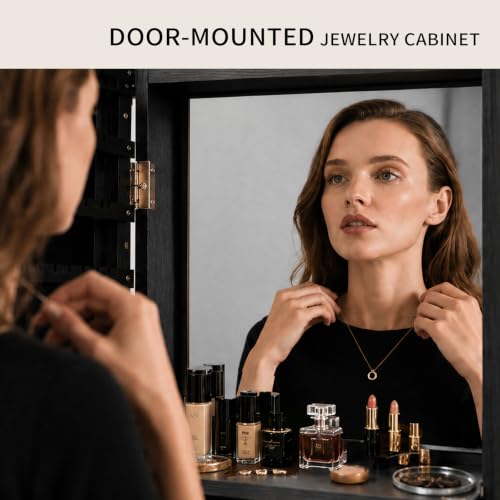 Lockable Jewelry Cabinet Organizer with Full Length Mirror, 6 Auto LED Lights, Wall & Over Door Mount Jewelry Armoire with Earring Slots, Necklace Hooks, Foldable Makeup Shelf - color: Black