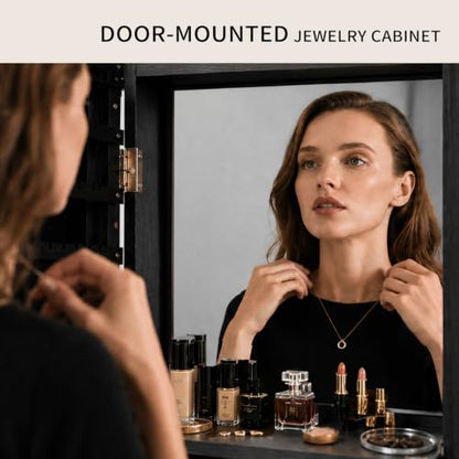 Lockable Jewelry Cabinet Organizer with Full Length Mirror, 6 Auto LED Lights, Wall & Over Door Mount Jewelry Armoire with Earring Slots, Necklace Hooks, Foldable Makeup Shelf - color: Black