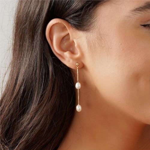 Pearl Earrings for Women:Gold Wedding Dangle Drop Earring Pearl Jewelry | 14K Gold Plated Pearl Drop Earrings for Women,Dainty Wedding Bride Earring Studs,Gold Dangle Drop Earring,Waterproof Jewelry - size: 1 pcs-1