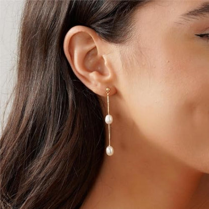 Pearl Earrings for Women:Gold Wedding Dangle Drop Earring Pearl Jewelry | 14K Gold Plated Pearl Drop Earrings for Women,Dainty Wedding Bride Earring Studs,Gold Dangle Drop Earring,Waterproof Jewelry - size: 1 pcs-1