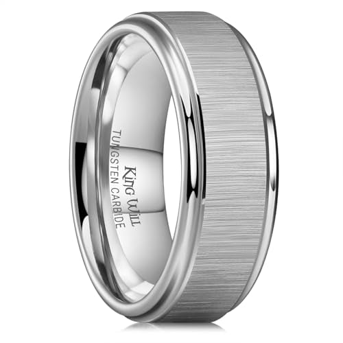 King Will Classic Tungsten Carbide Ring Brushed Two Grooved Center Hammered Design Mens Wedding Band for Men | Black/Silver/Gold, 8mm, Men's Wedding Band, Grooved, Comfort Fit, Everyday Wear - color: C-Silver Horizon Brushed