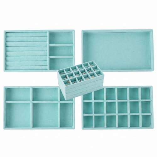 Stackable Jewelry Organizer Trays for Drawer, Set of 4 Velvet Jewelry Drawer Inserts in Dresser, 8in Storage Display Case for Rings Stud Necklaces Accessories(Blue) - color: Blue