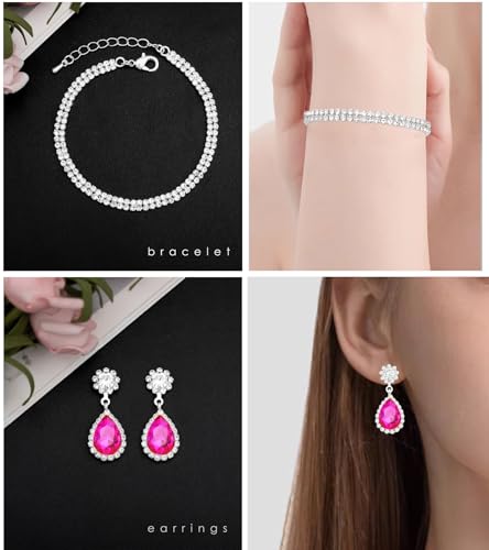 Elegant Silver Crystal Wedding Necklace Earrings Bracelet Jewelry Set for Women Brides Bridesmaids Prom Party Costume Accessory Bridal Jewelry - color: silver-hot pink