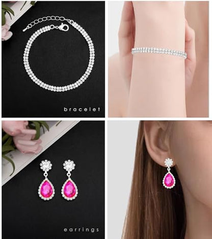 Elegant Silver Crystal Wedding Necklace Earrings Bracelet Jewelry Set for Women Brides Bridesmaids Prom Party Costume Accessory Bridal Jewelry - color: silver-hot pink