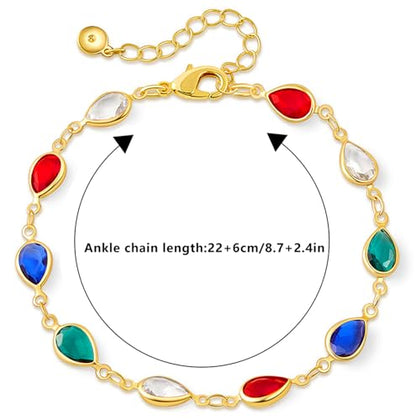 18K Gold Plated Anklet for Women Multicolor Crystal Ankle Bracelets Boho Adjustable Chain Anklets - color: Waterdrop