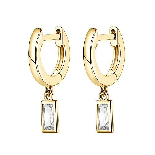 PAVOI 14K Gold Plated Huggie Hoop Earrings with Charms for Women - 925 Sterling Silver Posts Dainty Motif Huggie Hoop Dangle Earrings - Lightweight Dangle Drop Jewelry with Cubic Zirconia - style: Baguette