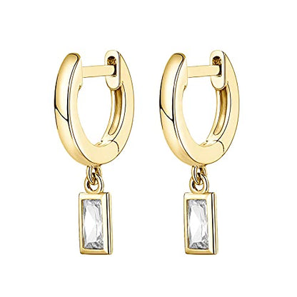 PAVOI 14K Gold Plated Huggie Hoop Earrings with Charms for Women - 925 Sterling Silver Posts Dainty Motif Huggie Hoop Dangle Earrings - Lightweight Dangle Drop Jewelry with Cubic Zirconia - style: Baguette