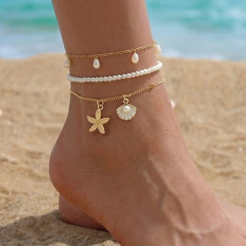 Fesciory Shell Ankle Bracelets for Women, Gold Plated Boho Beach Anklet Set | Adjustable Pearl Bead Anklet Set with Starfish, Conch and Seashell Charms for Beach Outfits, Vacations, Parties and Gifts - color: Gold-6