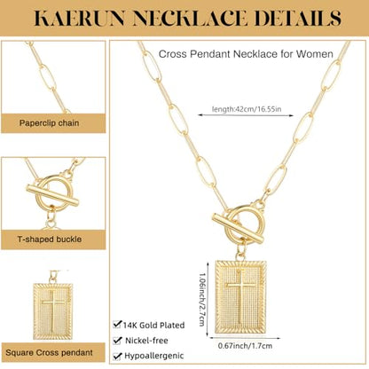Chunky Gold Necklace for Women Trendy Non Tarnish 14K Gold Plated Paperclip Chain Charm Necklaces Chunky Heart Cross Clover Pearl Pendant Necklace with Toggle Clasp Statement Jewelry Gift for Women - color: C-Square Cross