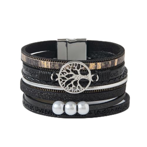 Rantanto Leather Wrap Bracelets For Women Gold Twist Lock Buckle Wrist Cuff | PU leather,Skin-friendly,Boho Stackable Wristband,Fashion Daily Jewelry,Trend Casual Party Bangle,Fit For Birthday, Holiday - color: Tree Life Black