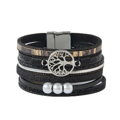 Rantanto Leather Wrap Bracelets For Women Gold Twist Lock Buckle Wrist Cuff | PU leather,Skin-friendly,Boho Stackable Wristband,Fashion Daily Jewelry,Trend Casual Party Bangle,Fit For Birthday, Holiday - color: Tree Life Black