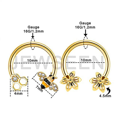 2PCS Septum Ring 16G 316L Surgical Steel Cartilage Earring Hoop Nose Ring Cute Bee Captive Bead Rings Tragus Daith Rook Helix Piercing Jewelry