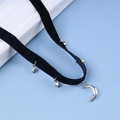 YienDoo Punk Black Velvet Choker Necklace Vintage Silver Tiny Moon Stars Pendant Necklace Suede Rope Chain Choker Gothic Statement Star Crescent Moon Necklace Charm Jewelry for Women