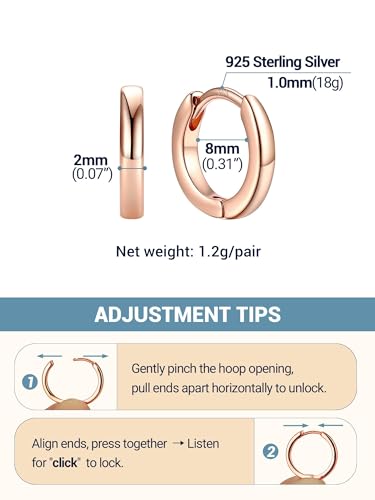 PROSTEEL Huggie Hoop Earrings For Women with 925 Sterling Silver Post | 8/10/12/14/16/18/20mm,14K Gold Plated/Black/Rose Gold/Silver Brass Lightweight Cubic Zirconia Cartilage Piercing Earring - color: 1. Rose Gold, size: 8mm