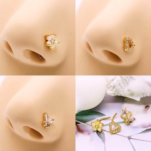 20G 3PCS Nose Ring Studs 316L Heart Nose Rings Nose Studs Butterfly and Flower Nose Stud Surgical Steel CZ L-Shaped Piercing Jewelry - color: Gold