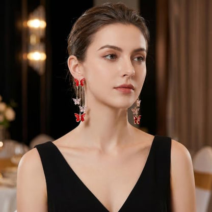 Purple Butterfly Tassel Earrings for Women Crystal Rhinestone Drop Earrings Animal Drop Dangle Charm Earrings - color: E- Red