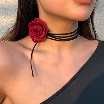 Rose Black Velvet Floral Choker Necklace - Camellia Daisy Rosette - Spring Summer Flower Jewelry - color: Red