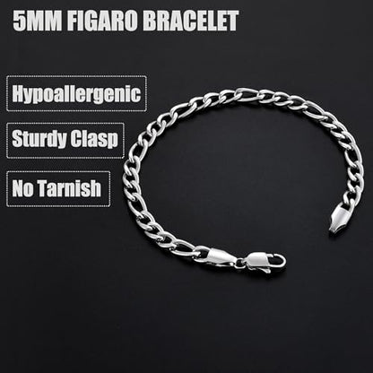 Fiusem Figaro Link Mens Bracelet | 5/7/8mm Stainless Steel Link Chain Bracelets for Men, 6.7"/7.5"/8.3"/9.0" Length - color: 5mm width-steel, size: 7.5 inches