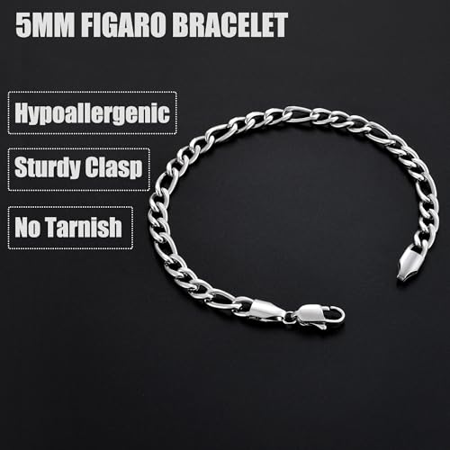 Fiusem Figaro Link Mens Bracelet | 5/7/8mm Stainless Steel Link Chain Bracelets for Men, 6.7"/7.5"/8.3"/9.0" Length - color: 5mm width-steel, size: 9.0 inches