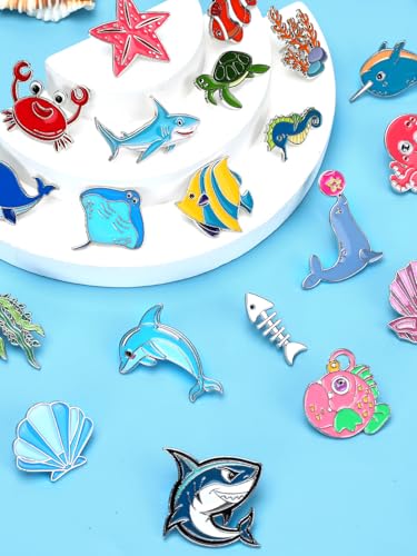 JUNEBRUSHS 28PCS Ocean Sea Animal Enamel Pins Cute Fish Sea Creature Brooch Pins for Ocean Theme Party Classroom Favor Supplies Exchange Gift Clothes Hat Accessories - style: Ocean Style