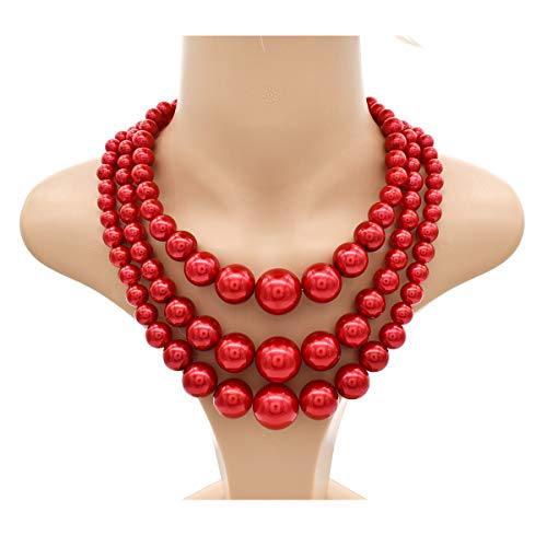 JNF Faux Pearl Statement Necklaces Big Beaded Necklace for Women Chunky Pearls Necklace and Earring Set Large beads Costume Necklace - color: Red pearl necklace set