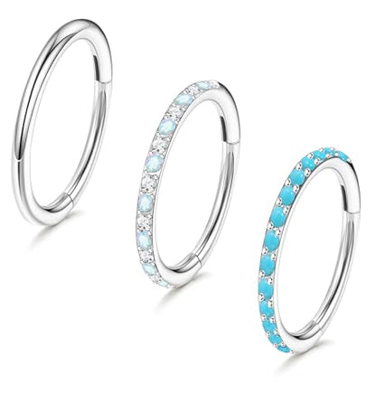 3pcs Nose Rings Hoops - 316L Surgical Steel Nose Hoops 16G/18G/20G CZ Opal Turquoise Clicker Septum Nose Ring Lip Helix Cartilage Hoop Earring Daith Rook Conch Body Piercing Jewelry for Women Men 6mm 8mm 10mm - color: Silver, size: 16 gauge(1.2mm)-10mm