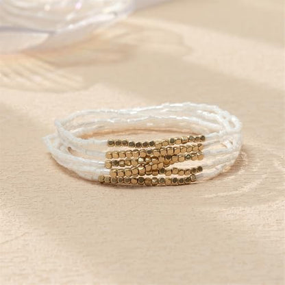 Boho Stackable Seed Beaded Bracelet Set for Women Colorful Multilayered Gold Beads Stretch Bracelets Summer Beach Bohemian Jewelry Gift - color: White