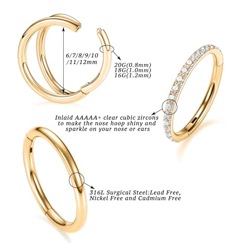 PEAKLINK 3pcs Double Nose Rings Double Nose Hoops 316L Surgical Steel Cartilage Earrings 20G/18G/16G Septum Rings Conch Piercing Helix Lip Rook Daith Tragus Pierxing Jewelry 6mm to 12mm - color: Gold