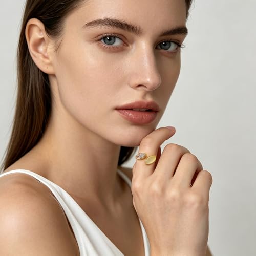 NewZenro Dainty Cat's Eye Marquise Cut Cubic Zirconia Open Ring for Women Gold/Silver Plated Fashion Crystal Geometry Adjustable Stackable Wedding Finger Band Promise Rings Comfort Fit Trendy Jewelry - color: Gold