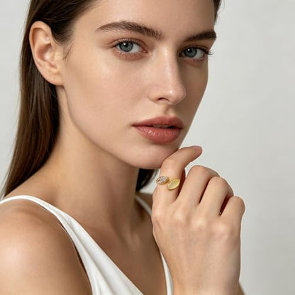 NewZenro Dainty Cat's Eye Marquise Cut Cubic Zirconia Open Ring for Women Gold/Silver Plated Fashion Crystal Geometry Adjustable Stackable Wedding Finger Band Promise Rings Comfort Fit Trendy Jewelry - color: Gold