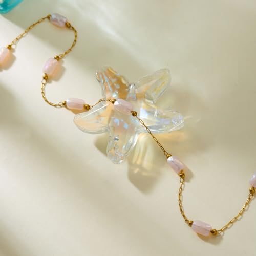 RINHOO Dainty Beaded Necklace for Women 18K Gold Plated Stainless Steel Colorful Blue Pink Choker Boho Choker Necklace Jewelry Gift for Women - color: Style 1-Pink