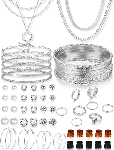YEEZII 56 Pcs Gold Jewelry Set for Women with 5Pcs Layered Necklace, 5Pcs Layered Necklace, 12 Bracelets, 4 Hoop Earrings, 8 Stackable Rings, 10 hairpins, 12 Studs Earrings Jewerly set for Women - color: Silver