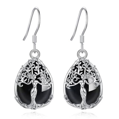 AEONSLOVE Tree of Life Crystal Earrings with Sterling Silver Ear Hooks, Dangle Drop Tree Earrings Gifts for Women - style: A01-Obsidian-Teardrop