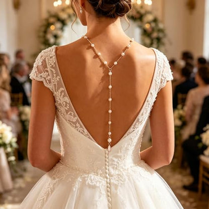Gold Pearl Back Drop Necklace for Women Long Lariat Y Back Chain with Teardrop Pendant Bridal Wedding Backdrop Body Jewelry for Backless Dress