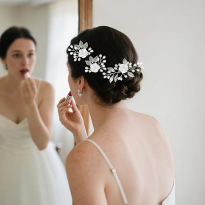 Wedding Hair Accessories Hair pieces Set Crystal bridal hair pins Rhinestone Pearl Hair comb Brides and Bridesmaids, Girls, Women(（4PCS/SET SILVERY) - color: white