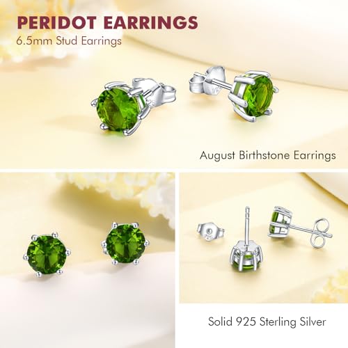 DAYBYDAY 925 Sterling Silver Birthstone Earrings for Women, Crystal Stud Earrings, 6.5mm Round Cut Solitaire Gemstone Earrings Birthday Jewelry - style: Round Cut-08. Aug/created peridot