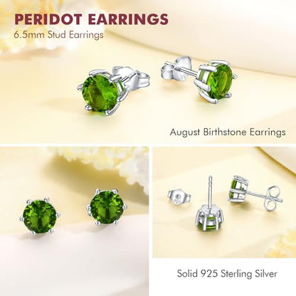DAYBYDAY 925 Sterling Silver Birthstone Earrings for Women, Crystal Stud Earrings, 6.5mm Round Cut Solitaire Gemstone Earrings Birthday Jewelry - style: Round Cut-08. Aug/created peridot