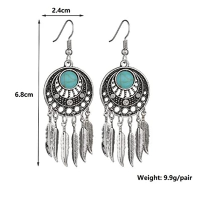 Boho Turquoise Feather Tassel Crescent Moon Dangle Earrings - Hypoallergenic, Leaf Bohemian Drop Earrings for Women - color: Silver