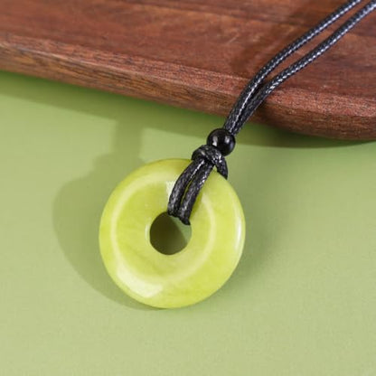 FANASY Natural Gemstone Pendant Necklce Lucky Coin Crystal Necklace Protection Donut Pendnat with Adjustable Rope for Men Women - color: Lemon Quartz