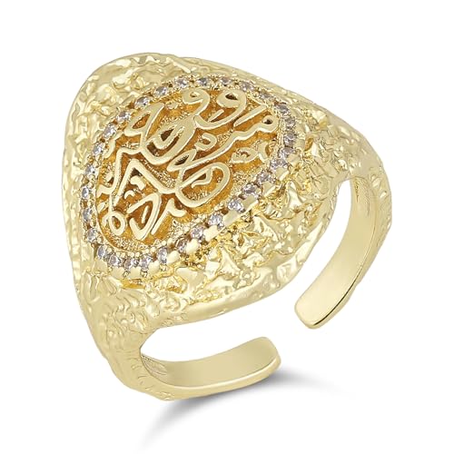 HZMAN Brass Crystal Adjustable Open Ring Collection, Multi-Style Statement Rings for Women & Men, Mix Cut & Paved Crystal Designs - color: Arabic Calligraphy Ring