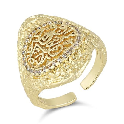 HZMAN Brass Crystal Adjustable Open Ring Collection, Multi-Style Statement Rings for Women & Men, Mix Cut & Paved Crystal Designs - color: Arabic Calligraphy Ring