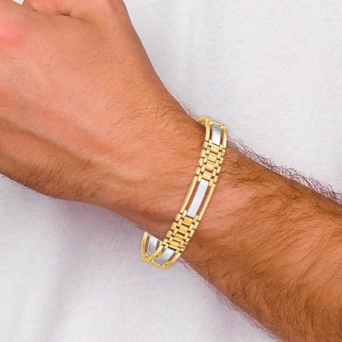 14K Two-tone Gold Polished and Satin 10.2mm Multi Link with Bars Men's Bracelet 8.75"