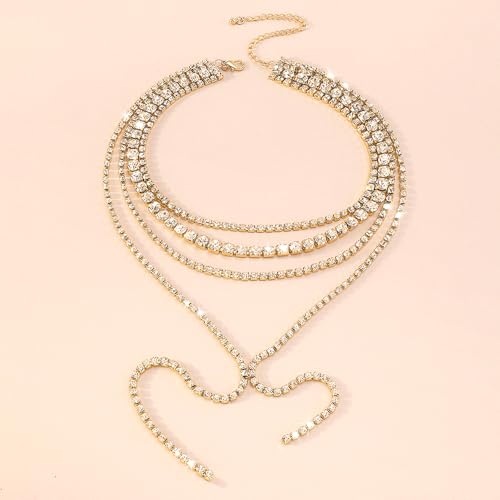 Layered Wedding Choker Rhinestone Necklace Sparkly Long Crystal Neck Chain for Women - color: Gold