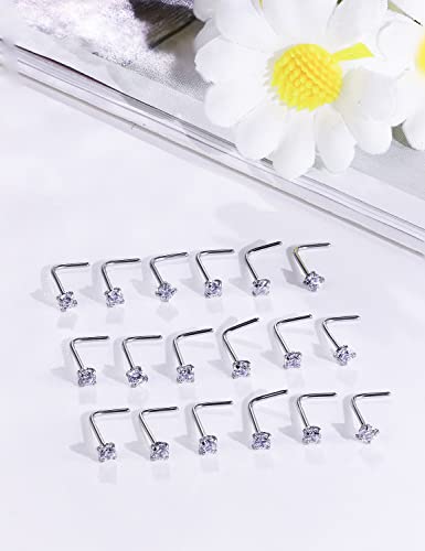 18G 20G 22G Nose Rings Studs with Cubic Zirconia 316L Surgical Steel Straight Screw L Shaped Nose Studs Piercing Jewelry for Women Men Girl CZ 1.5mm 2mm 2.5mm 3mm 20Pcs - color: C:22G L Shaped- Silver 1.5mm