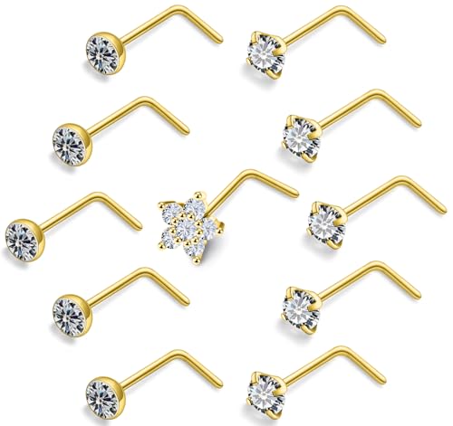 Prjndjw 20G Big Nose Stud Large Nose Studs Surgical Stainless Steel Straight Nose Studs 4mm CZ Paved CZ Nose Rings with 6-CZ Flower Ring for Women Men 11 Pieces - color: 4mm CZ Big 18G Gold-plated L-shaped Nose Stud