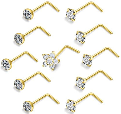 Prjndjw 20G Big Nose Stud Large Nose Studs Surgical Stainless Steel Straight Nose Studs 4mm CZ Paved CZ Nose Rings with 6-CZ Flower Ring for Women Men 11 Pieces - color: 4mm CZ Big 20G Gold-plated L-shaped Nose Stud